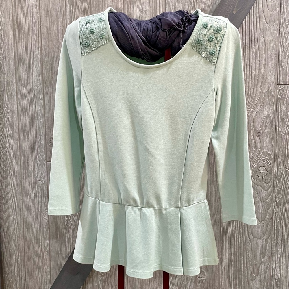 Hinge Mint Green Embellished Blouse with 3/4 Sleeves